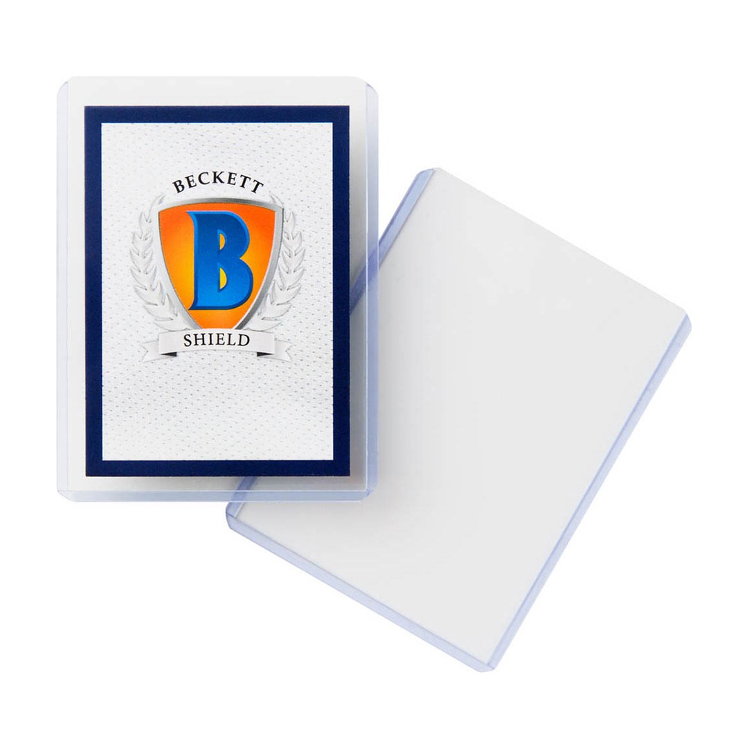 Beckett Shield 35pt toploader holding a card, beside an empty toploader