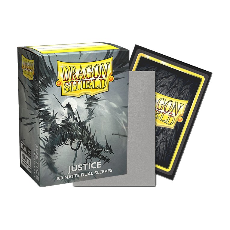 Dragon Shield Matte Dual Sleeves Justice, box with a sample sleeve