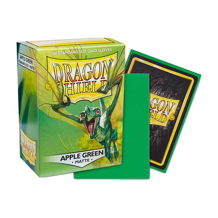 Dragon Shield Matte Sleeves Apple Green, box with a sample sleeve