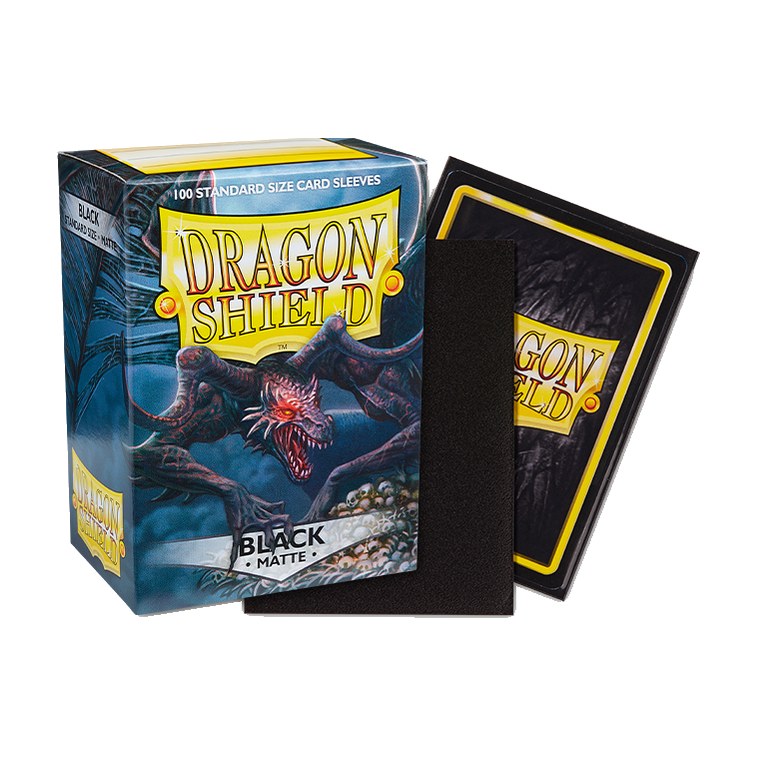 Dragon Shield Matte Sleeves Black, box with a sample sleeve