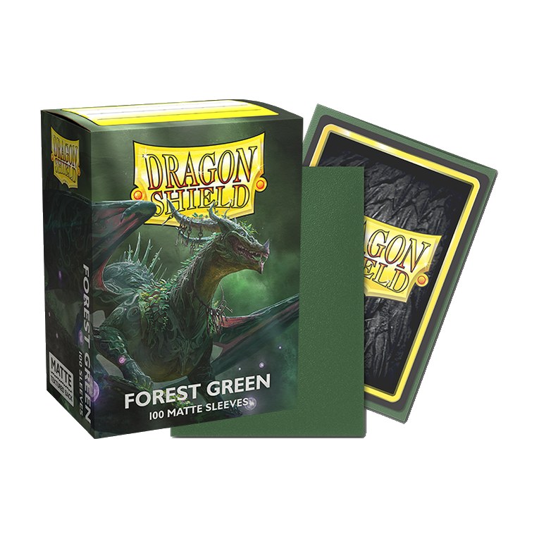 Dragon Shield Matte Sleeves Forest Green, box with a sample sleeve