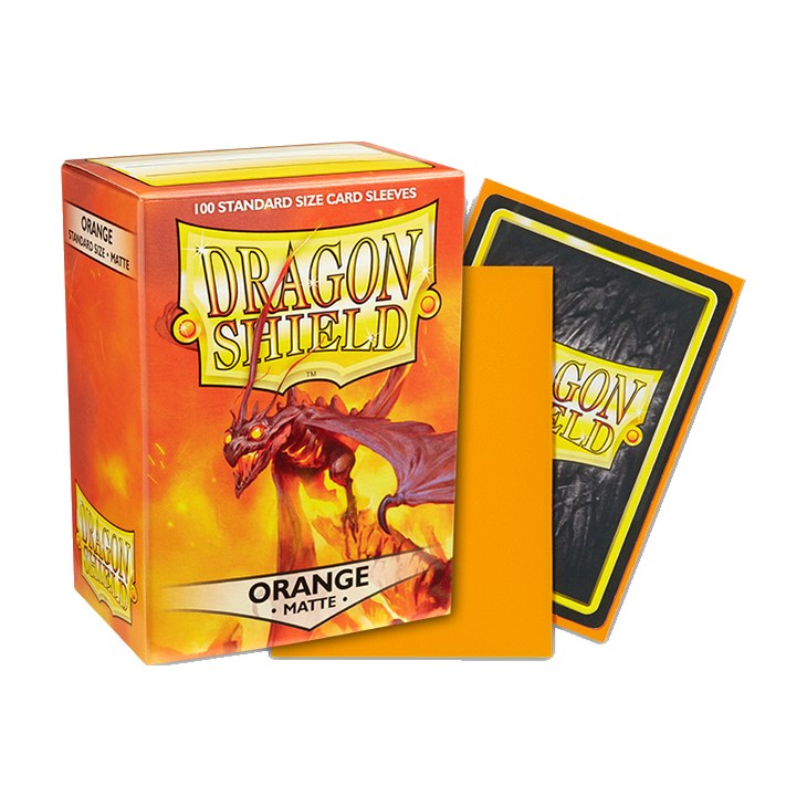 Dragon Shield Matte Sleeves Orange, box with a sample sleeve