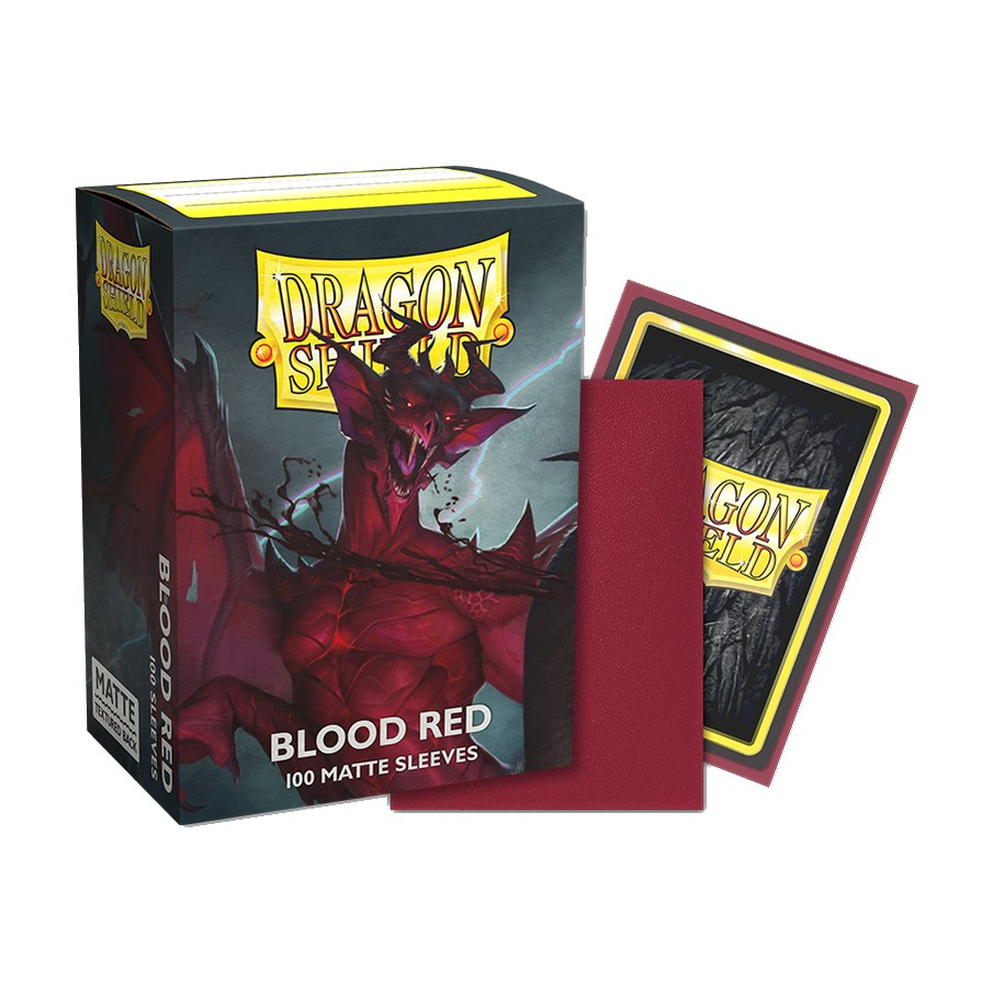 Dragon Shield Matte Sleeves Blood Red, box with a sample sleeve