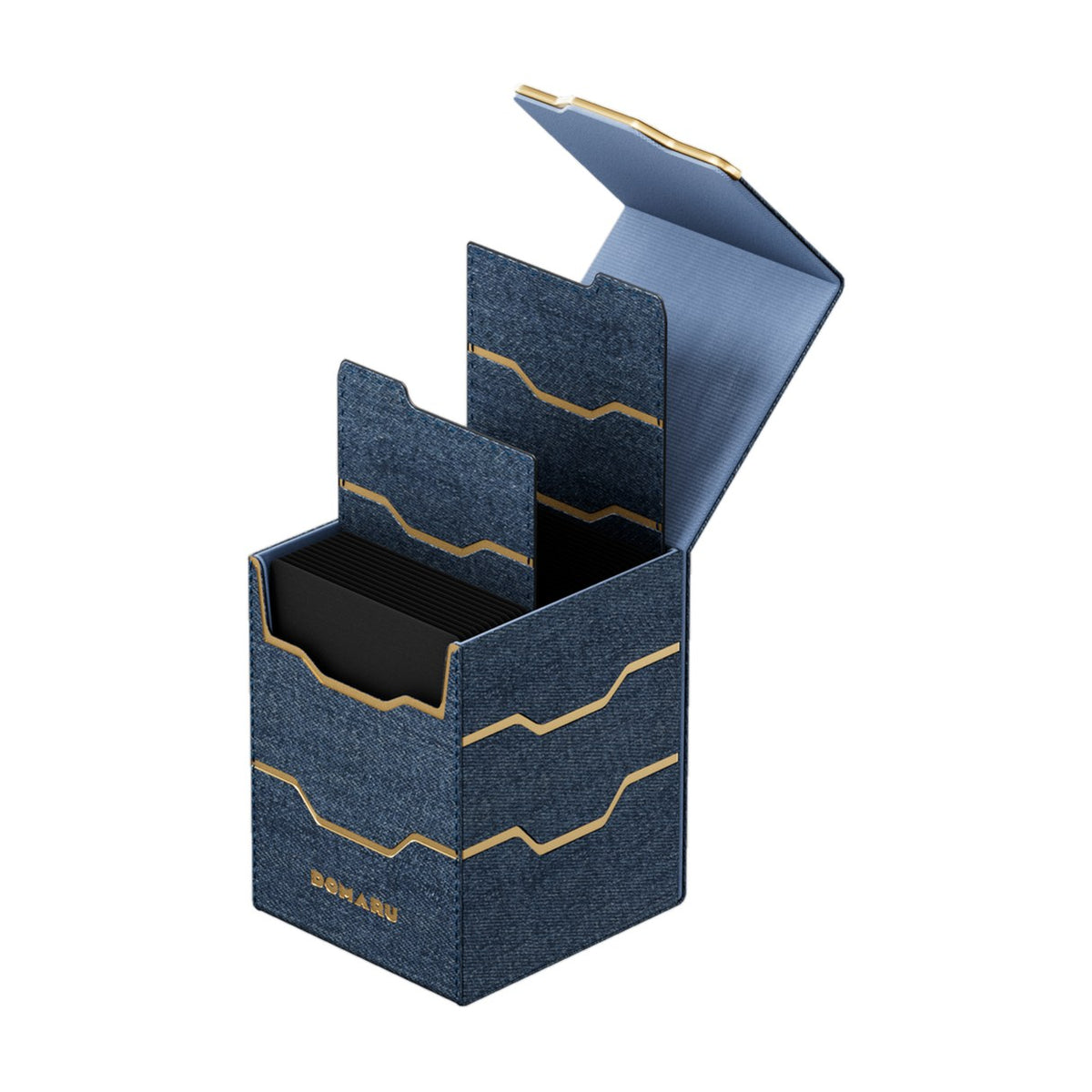 Gatherers’ Tavern DOMARU Armory Vertex 100+ deck box in Lazulite, open with dividers