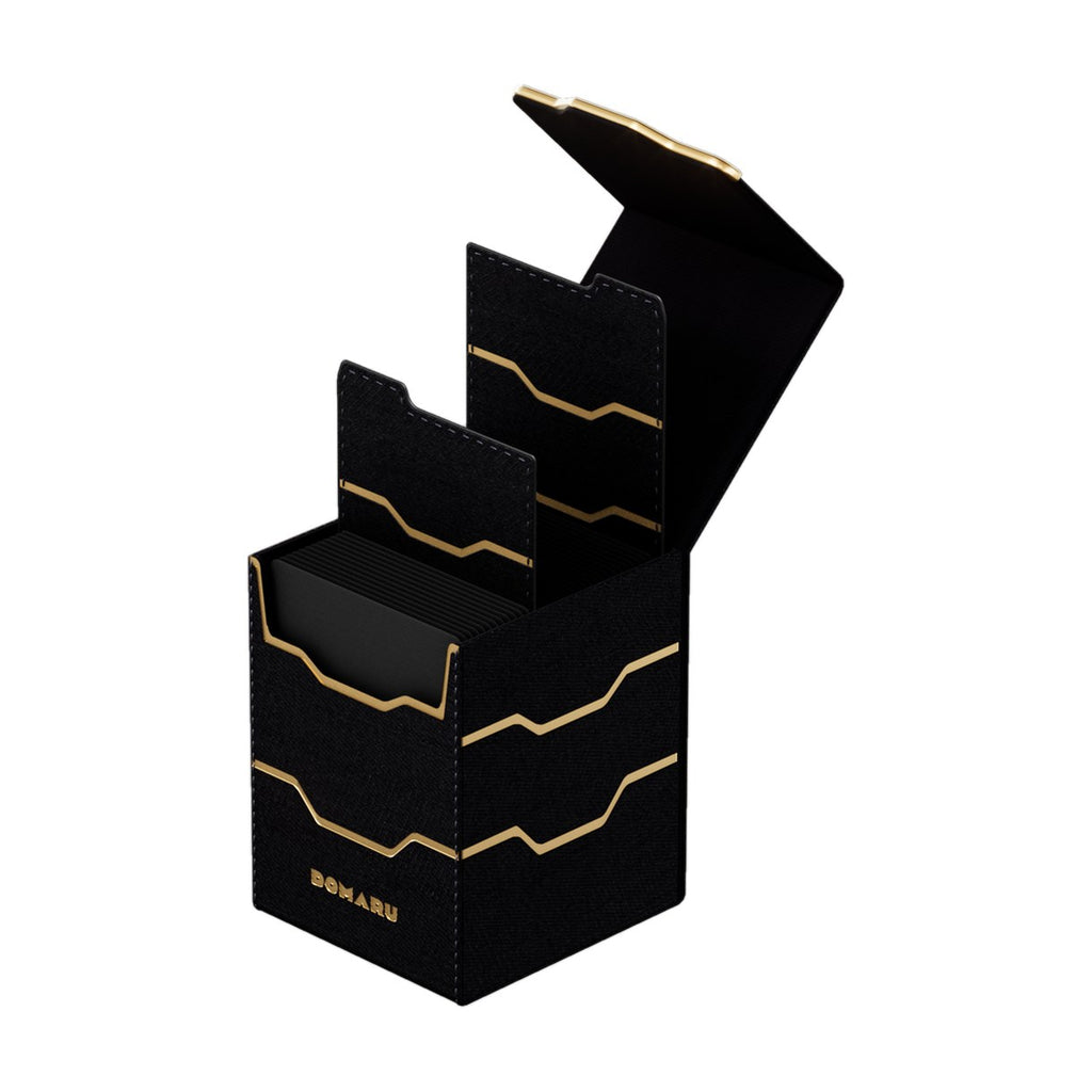 Gatherers’ Tavern DOMARU Armory Vertex 100+ deck box in Obsidian, open with dividers