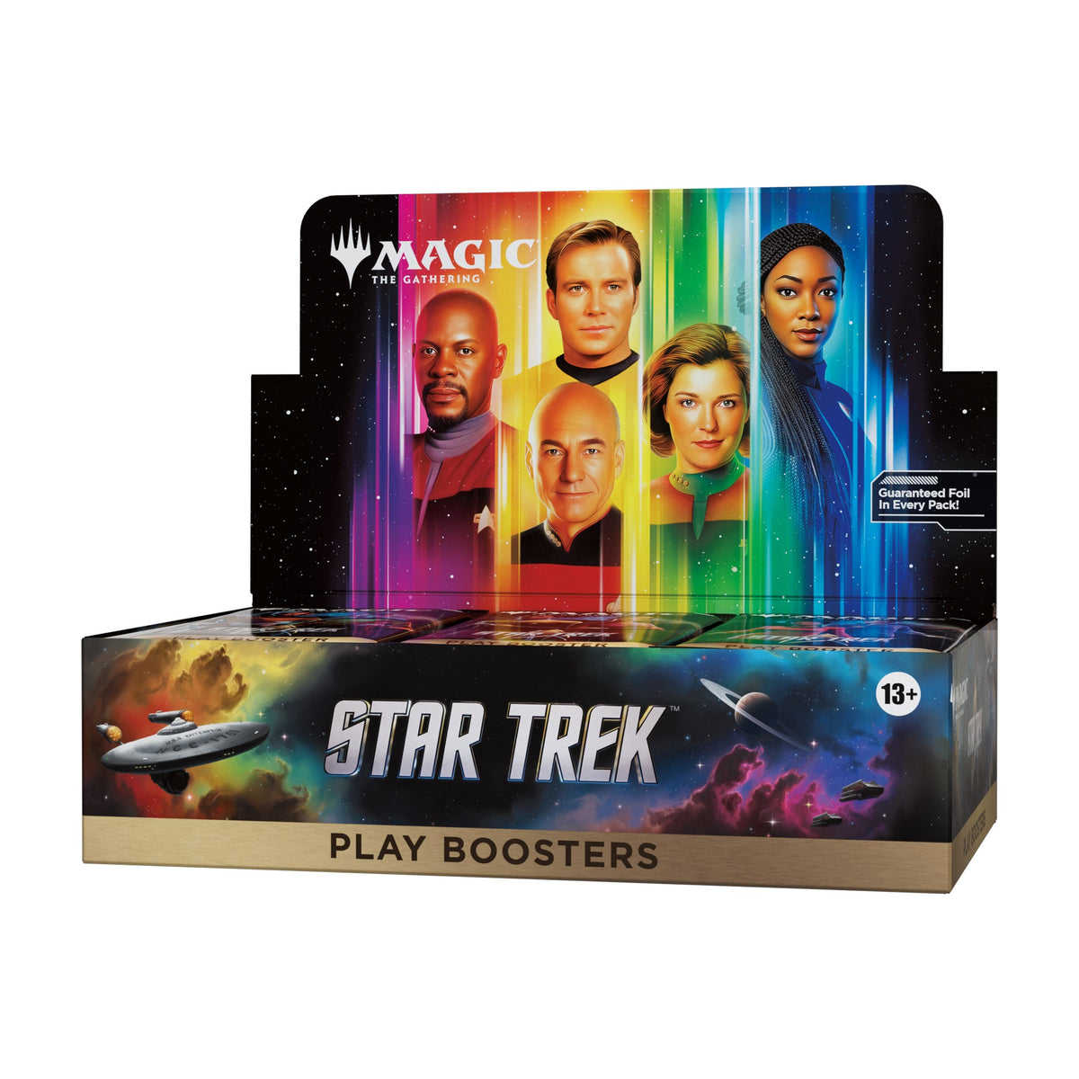 Magic: The Gathering Star Trek Play Booster Box, sealed, with Star Trek crew art on the pop up display